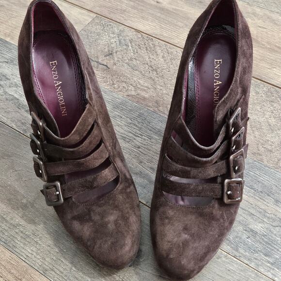 Enzo Angliolini Brown Suede Leather Strappy Buckle Detail Chunky Heel Shoes 6 - Picture 1 of 16